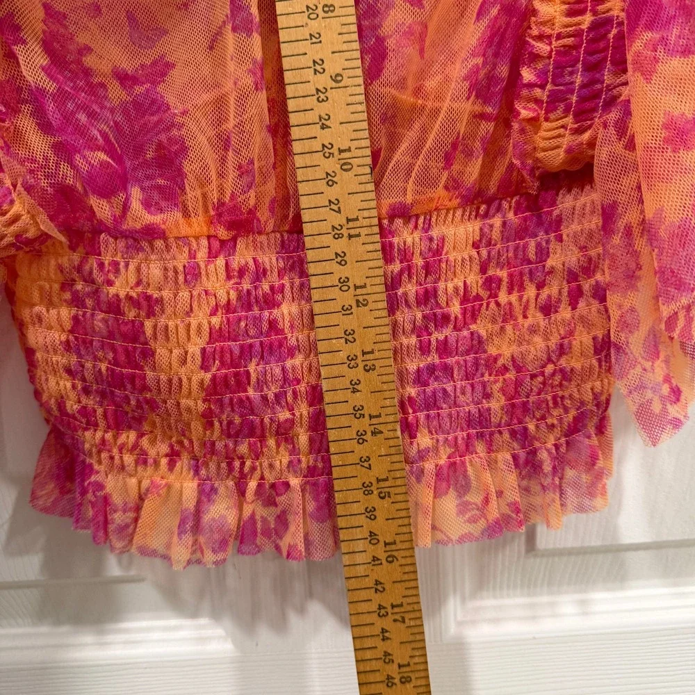 Free People XS Top Floral Print‎ Ruffle Sleeve Smocked Blouse Orange Pink